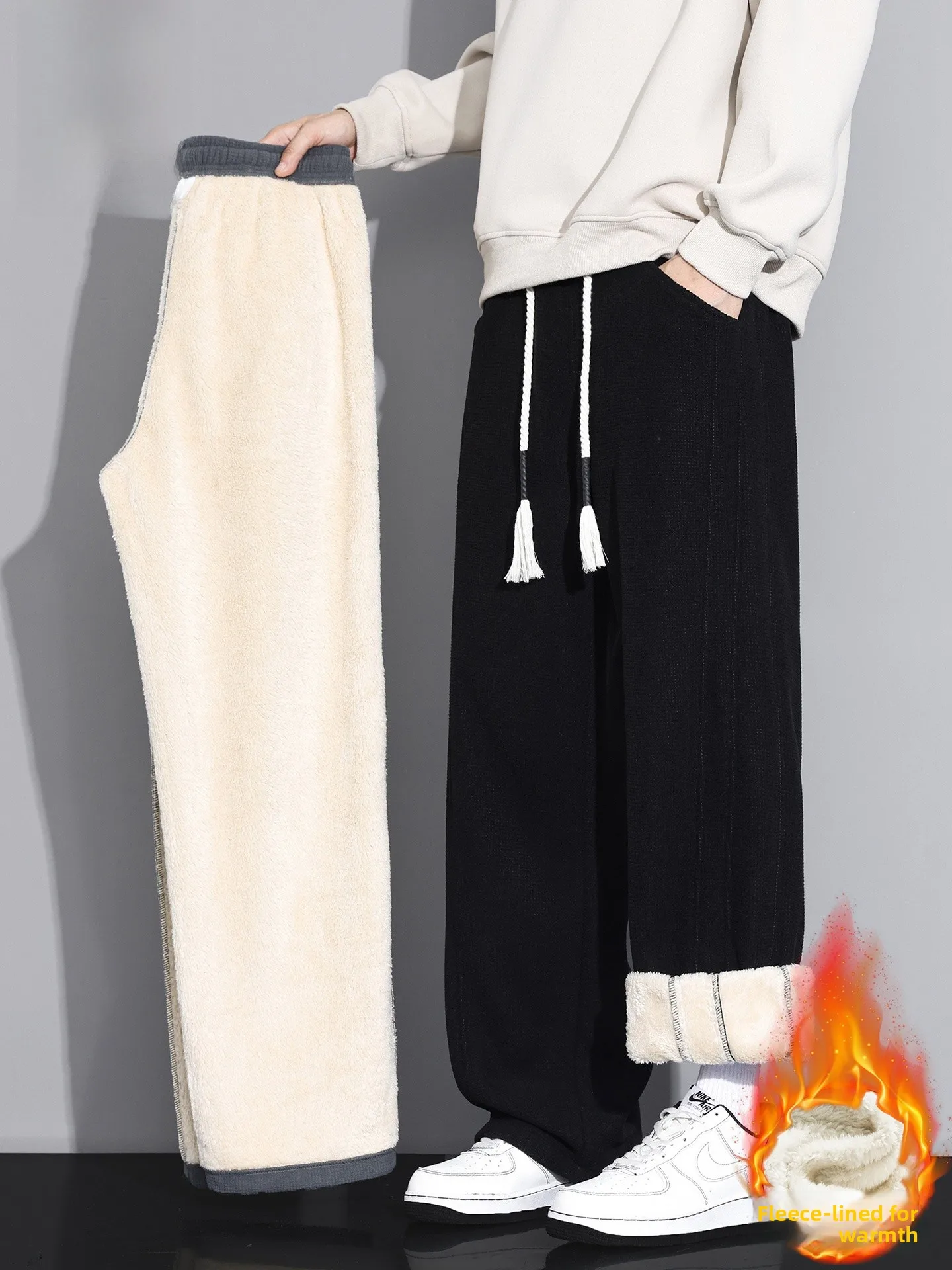 

Thiened Fce Lined Casual Loose Straight Leg Pants for Men Warm Autumn Winter Faionable Ci Sle Polyester Fiber
