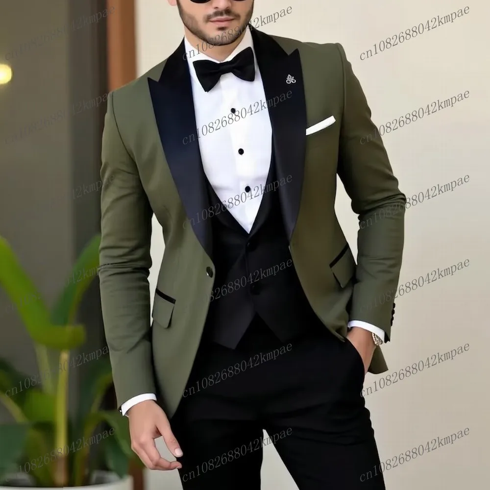 

Армейский зеленый и черный деловой мужской костюм для жениха, жениха, свадебной вечеринки, выпускного вечера, деловые мужские смокинги, комплект из 3 предметов, пиджак, жилет, брюки
