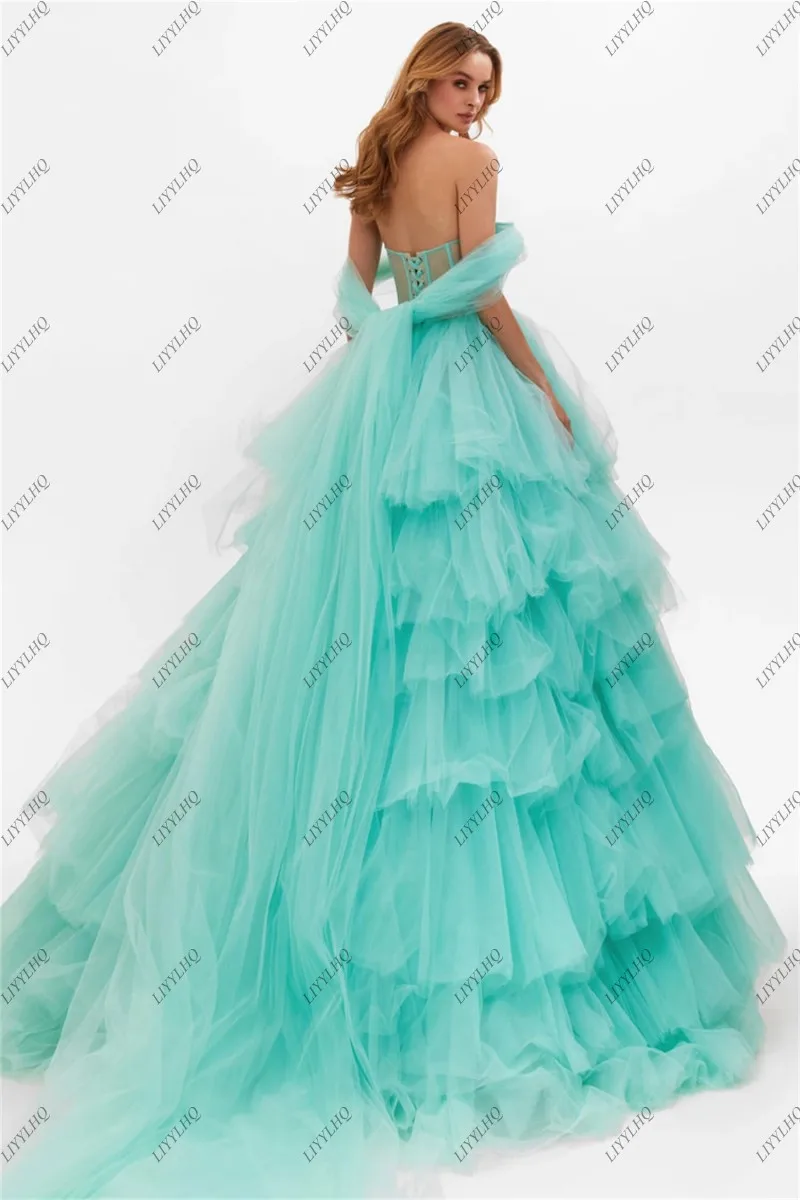 Customized Mint Green Fairy Turkey Prom Dresses A-line Tiered Layer Tutu Tulle Bridal Dresses With Bow Women Party Evening Dress