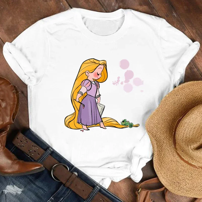 Disney Rapunzel Graphic Children Tshirt Girl Clothing Cartoon Printed Casual T-shirt Summer Short Sleeve Cotton Top Baby Kid Tee