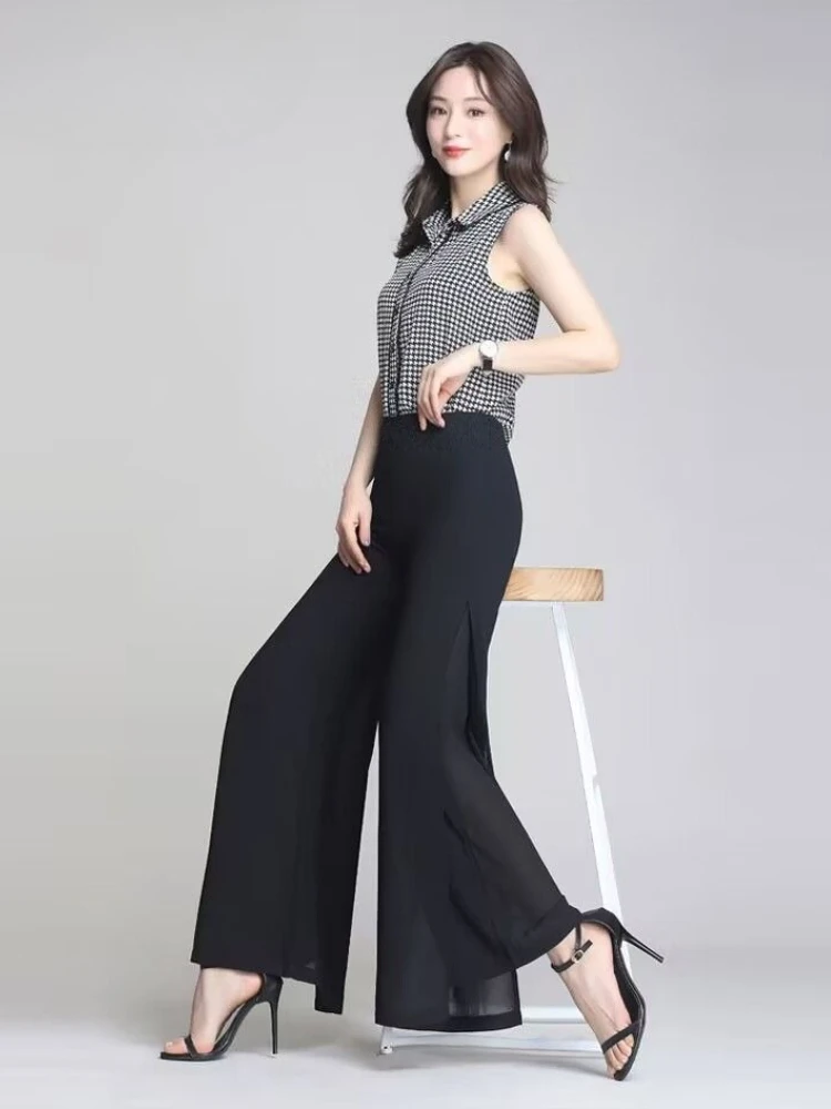 Women's Summer Double Layer Chiffon Wide Leg Pants High Waist Flowy Trousers Sheer Mesh Dance Skirt Pants with Side Slit