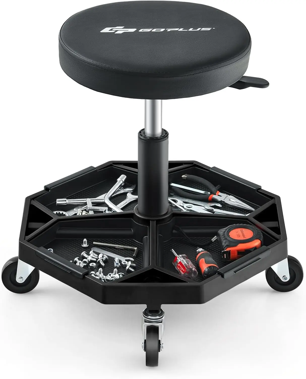 Goplus Mechanic Stool, Rolling Garage Chair With 16”-22” Adjustable Height, Removable Magnetic Tool Tray, 2” Thick Padded