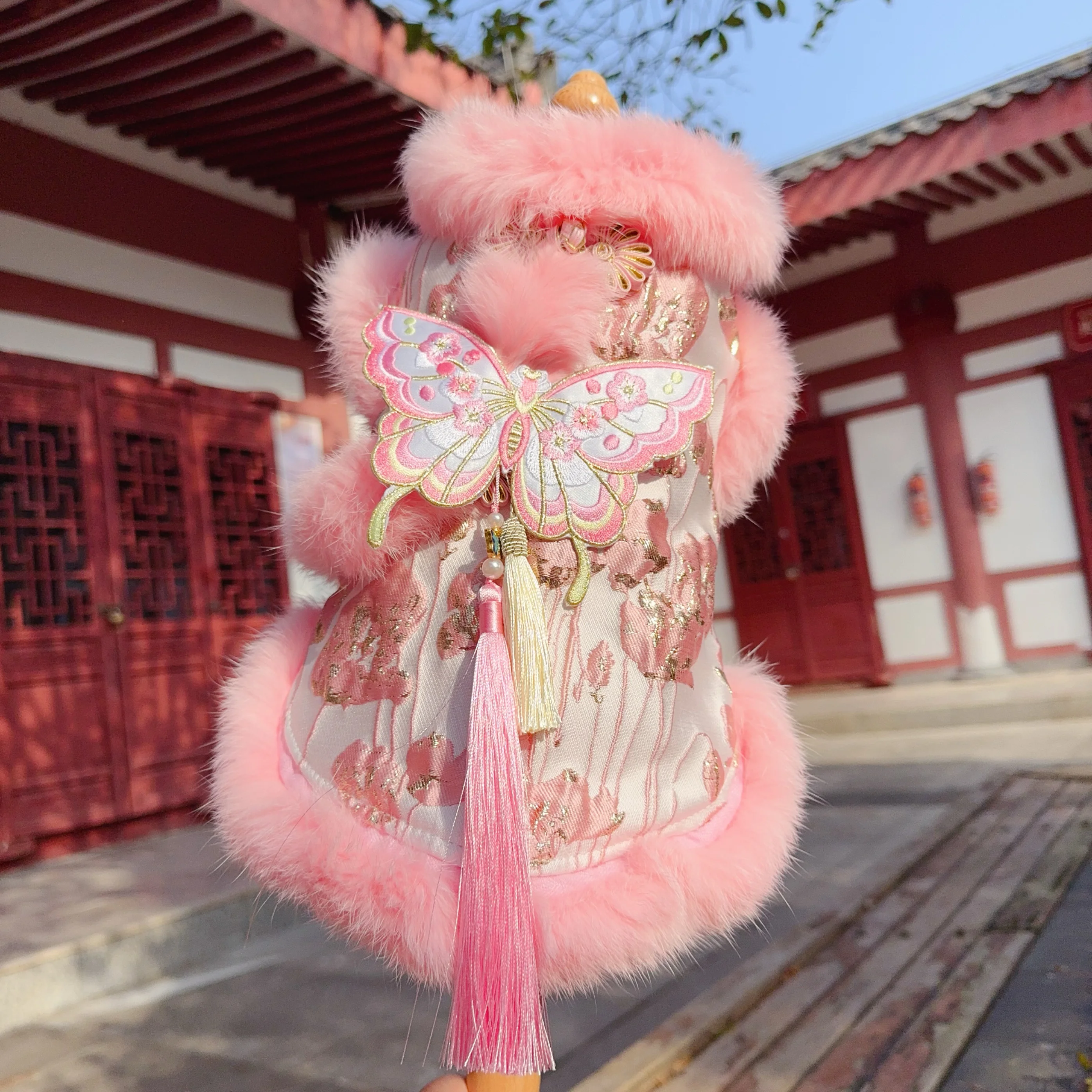 Luxury Chinese Style Embroidery Pet Dog Clothes Handmade Pink Plush Cotton Princess Dress For Small Medium Dog Winter Puppy Coat