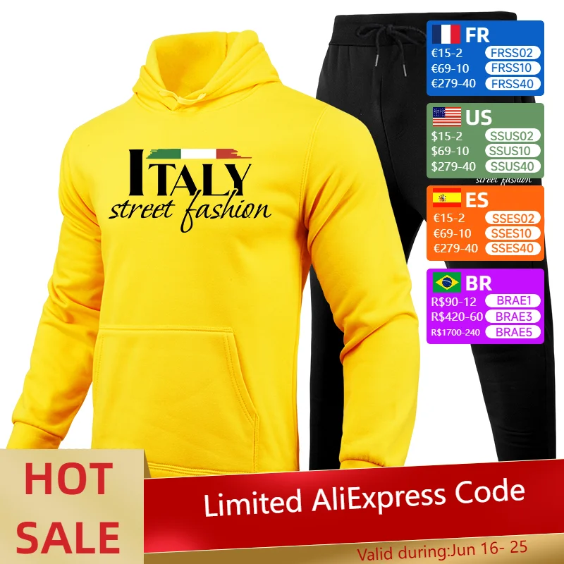 

Italy Fashion Hooded Sweatshirts Black Sweatpants High Quality Men's Daily Casual Sports Jogging Suit Home Outdoor Hoodie Outfit