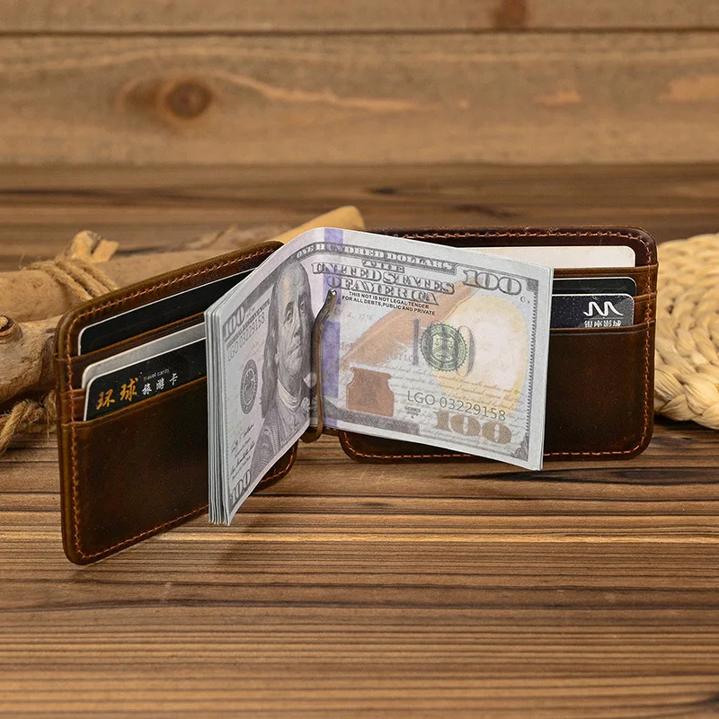 Retro genuine leather money clips Bifold wallet cardholder dollar money holder designer new men money case Slim purse