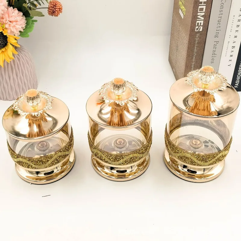 European Metal Candy Jar Gold Glass Scented Candle Jewelry Box Gilded Candy Candy Dried Fruit Storage Jar Living Room Decoration