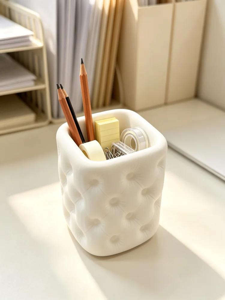 Matte White Square Tufted Sofa-Shaped Pencil Holder, Decorative Pen Cup with Soft Cushioning and Quilted Design, Smooth and Durable Plastic Material with Stable Base, Easy to Clean, Small Desktop Storage Box, Suitable for Home, Office, School Desks, Makeup Tables, Office Supplies Storage, Stationery and Makeup Brush Storage, Cute and Stylish Desktop Accessory