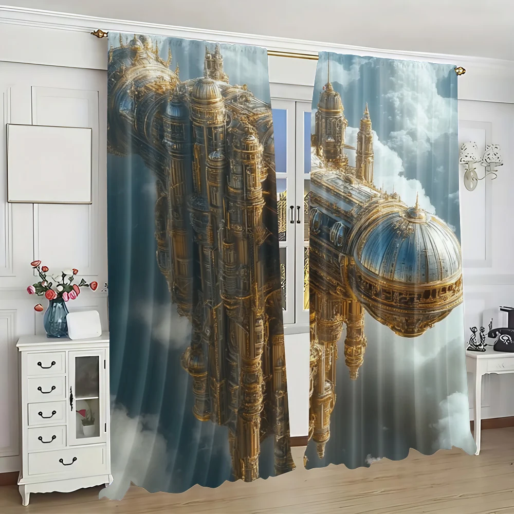 2pc,  Curtains golden steampunk Machine Washable Fabric,Without Electricity Festive Backdrops Perfect for Holiday Family Party