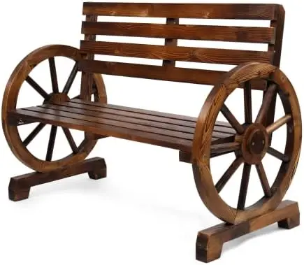 Rustic Wooden Wheel Bench Outdoor Bench, Patio Bench Wagon Slatted Seat, Garden Benches for Outdoors 350lbs High
