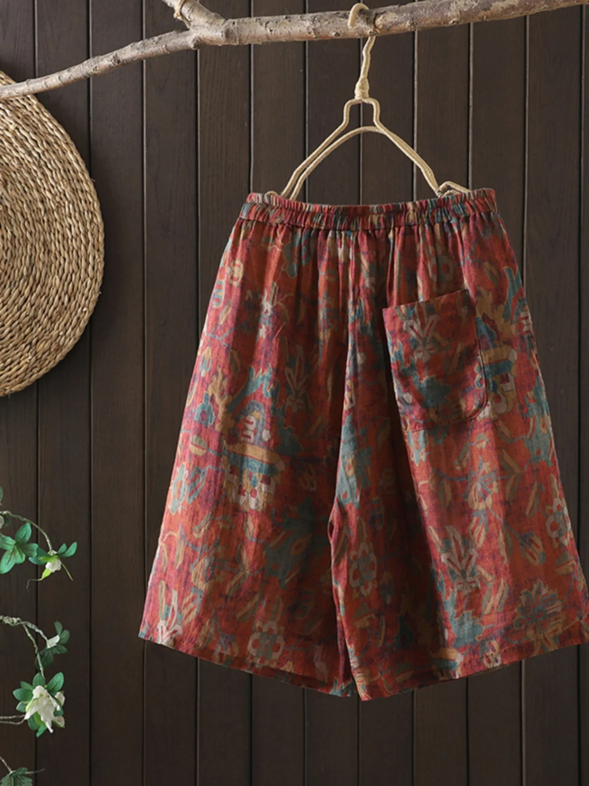 Pantalones cortos con cintura elástica y estampado de flores para mujer, pantalones cortos rectos de cintura alta y pierna ancha de media longitud, pantalones Vintage para mujer