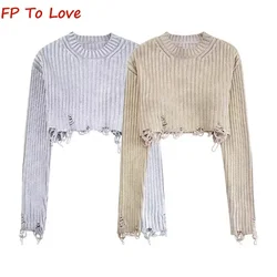 PB&ZA Woman Gold Torn Hole Crew Neck Pullover Sweater Silver Grey Metallic Foil Short Long Sleeve Knit 6771001