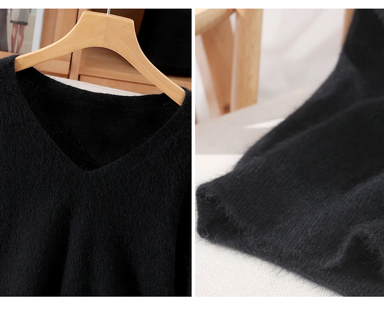 Damen 100% Reiner Nerz-Kaschmir V-Ausschnitt Pullover T-Shirt Einfarbig Gestrickt Modisch Vielseitig Kurzärmeliger Pullover – Detail 33