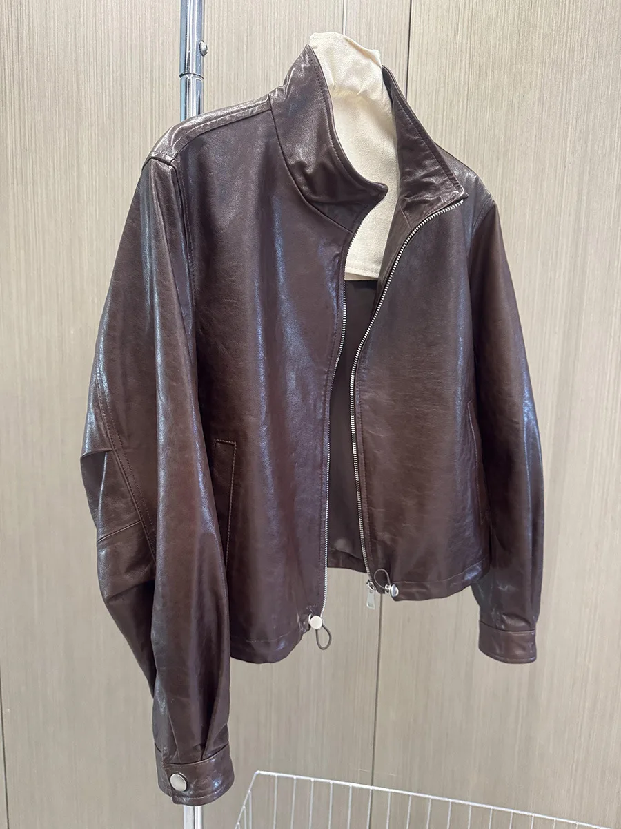 الخريف/الشتاء الأزياء الوقوف طوق خمر شيرلينغ سترة عارضة سترة جلدية معطف قصير للنساء