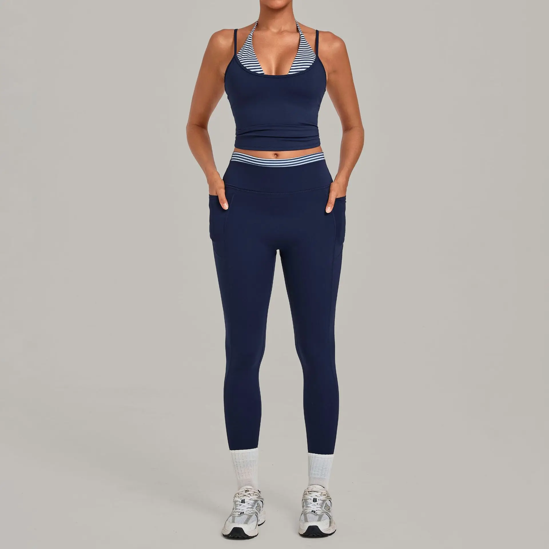 Vintage Print Yoga Set with Side Pockets Butt-lifting Leggings+Double Shoulder Strap Tank Top Built-in Bra Running Activewear