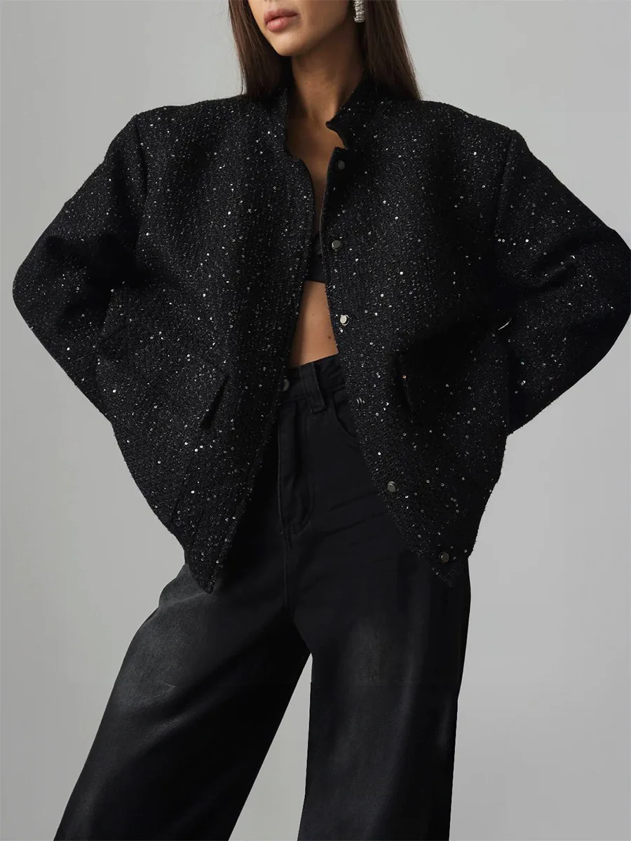 Autumn Loose Tweed Sequin Jacket Women Fashion Coat Trend Casual Warm Chic Elegant Female Coats Stylish Woman Outwear