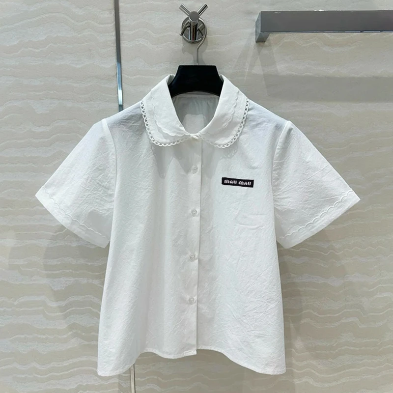 

e Lace Splice White irt Collar Top Gentle Sle Summer Women's Upper Apparel Korean Loose Fit ort Sve Button down