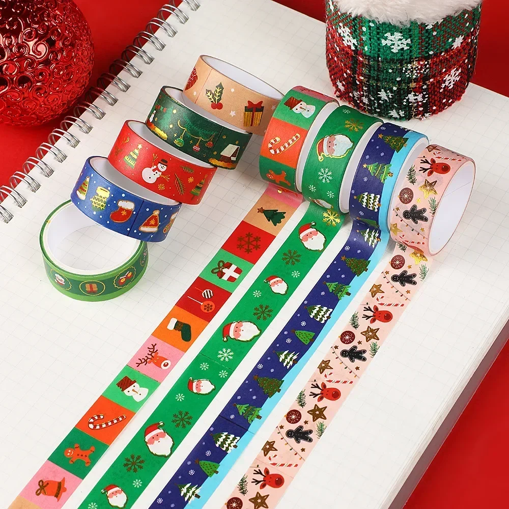 Christmas Tape Set, Xmas Santa Snowman Pattern Gold Foil Decorative Masking Tape for Scrapbooking Gift Wrapping DIY Crafts