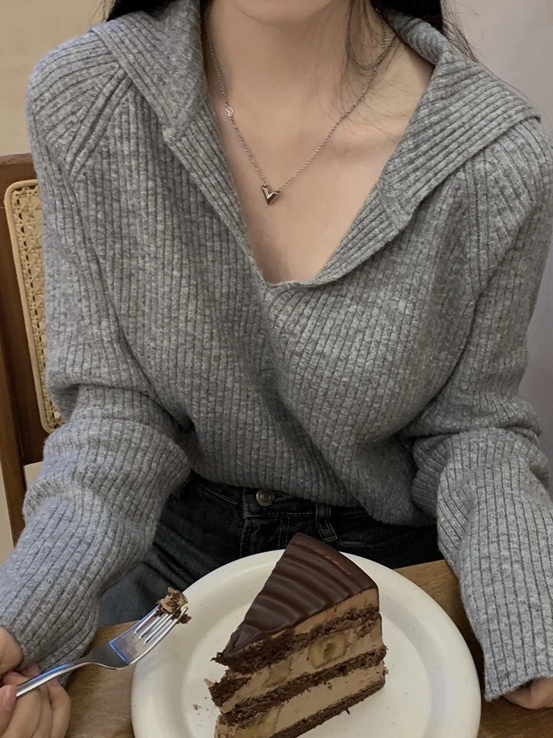 

Ele ey Knitted Top Women's Chic Early Autumn Simple V-Ne Long Sve Faionable Faion Simple Sle Long Sve