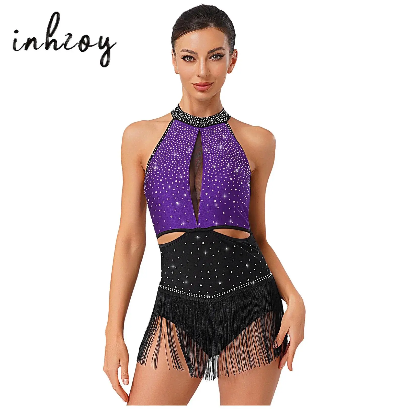 

Womens Latin Jazz Dance Leotard Allover Rhinestones Tassel Skirt Backless Contrast Color Bodysuit for Gymnastic Chacha Rumba