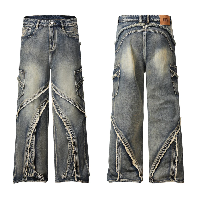 Mens American Vintage Distressed Yellow Mud Washed Jeans Pants High Street Patchwork Irregular Drape Flared Cuffs Denim Trousers