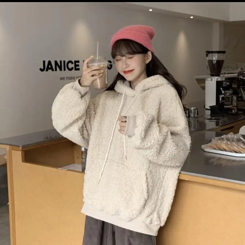 Damska bluza z kapturem, polarowa, z uszami misia, ciepła, gruba, luźny krój, modna, studencka, codzienna, na zimę i jesień.