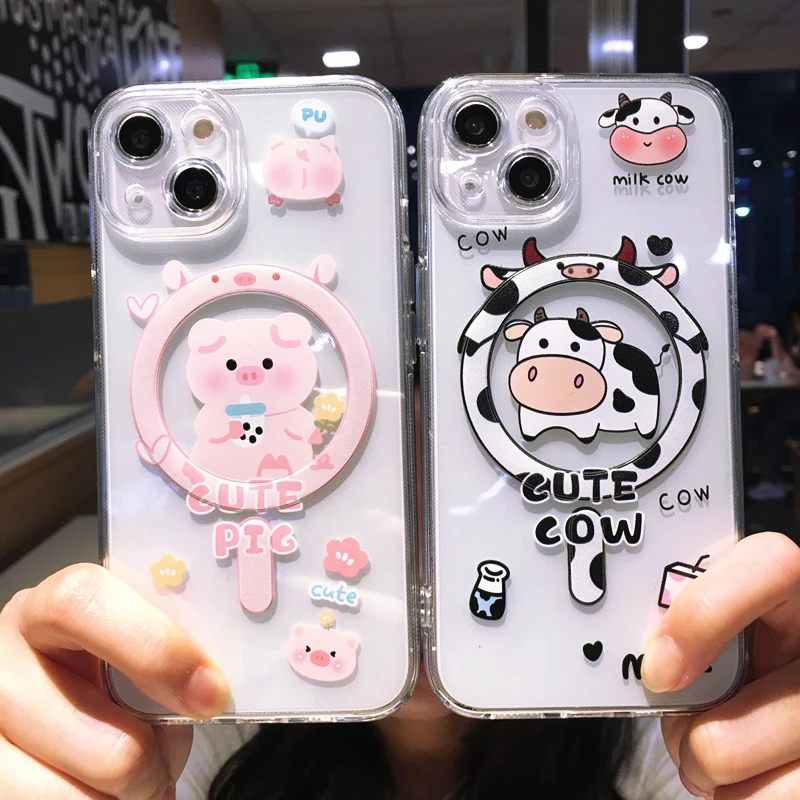 

Cute Cartoon Animal Pig Cow Magsafe Clear For iPhone 14 13 12 11 Pro Max Plus Magnetic Wireless Charging Shockproof Cover