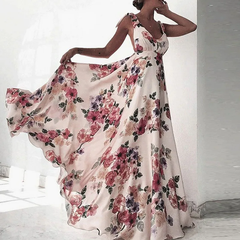 Elegant Deep V Backless Maxi Dress Summer Tie-Up Bow Straps Sleeveless Beach Long Dress Women Floral Printed Lady Party Dress