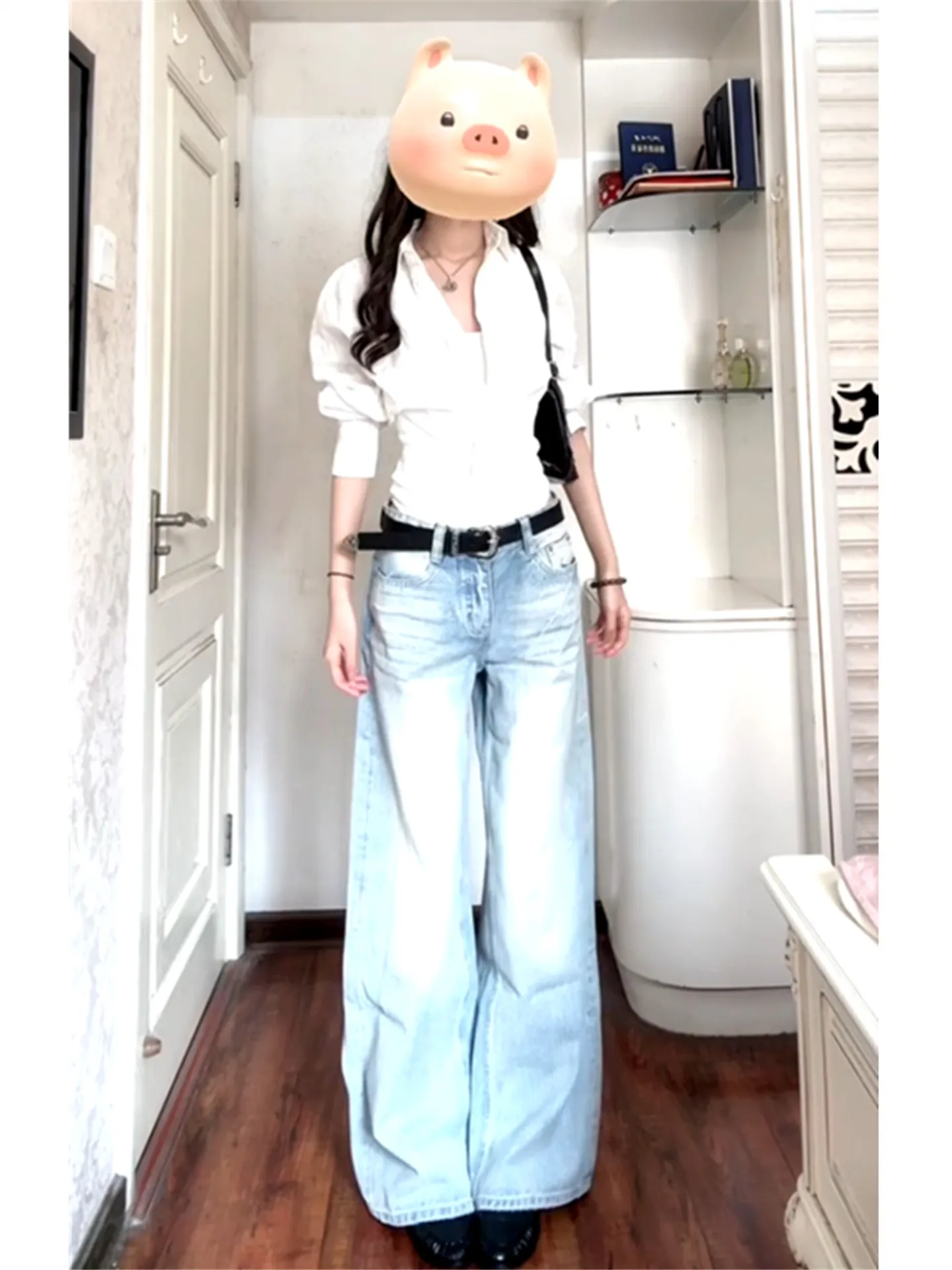

American Vintage Women's Loose Straight Leg Jeans Light Blue Wide Leg Denim Pants Spring Casual Cotton Natural Waist Jeans