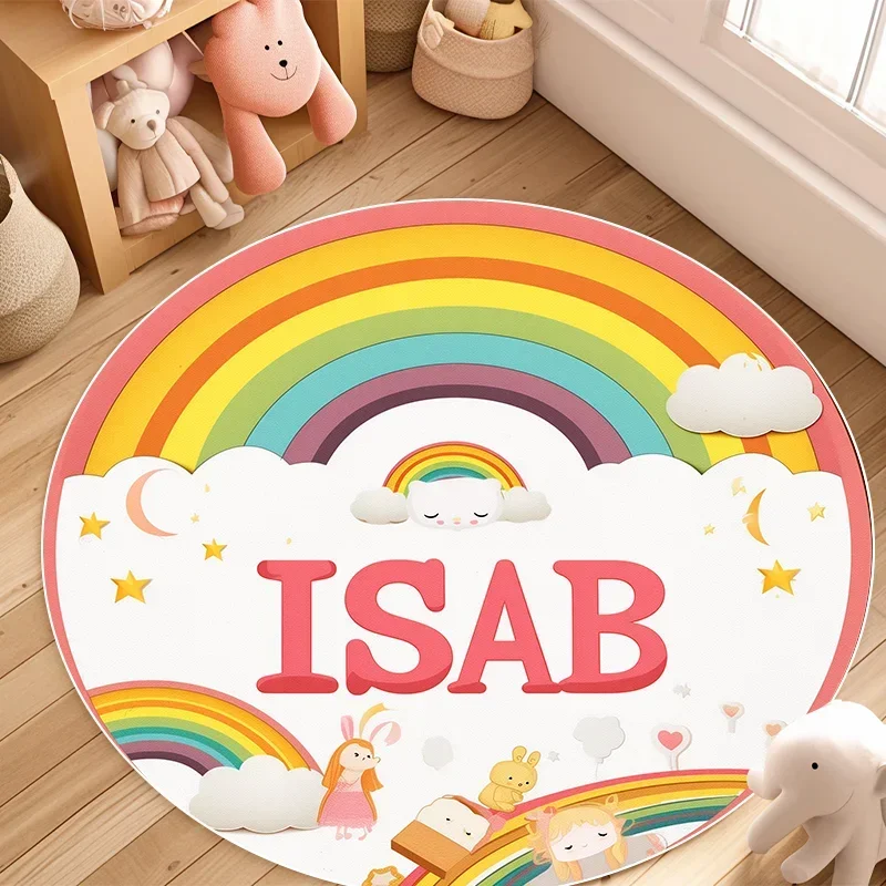 Rainbow Cartoon Round Carpet Home Bedroom Bedside Children's Room Cute Letters Washable Fluffy Rugs Non-slip Mat Customizable