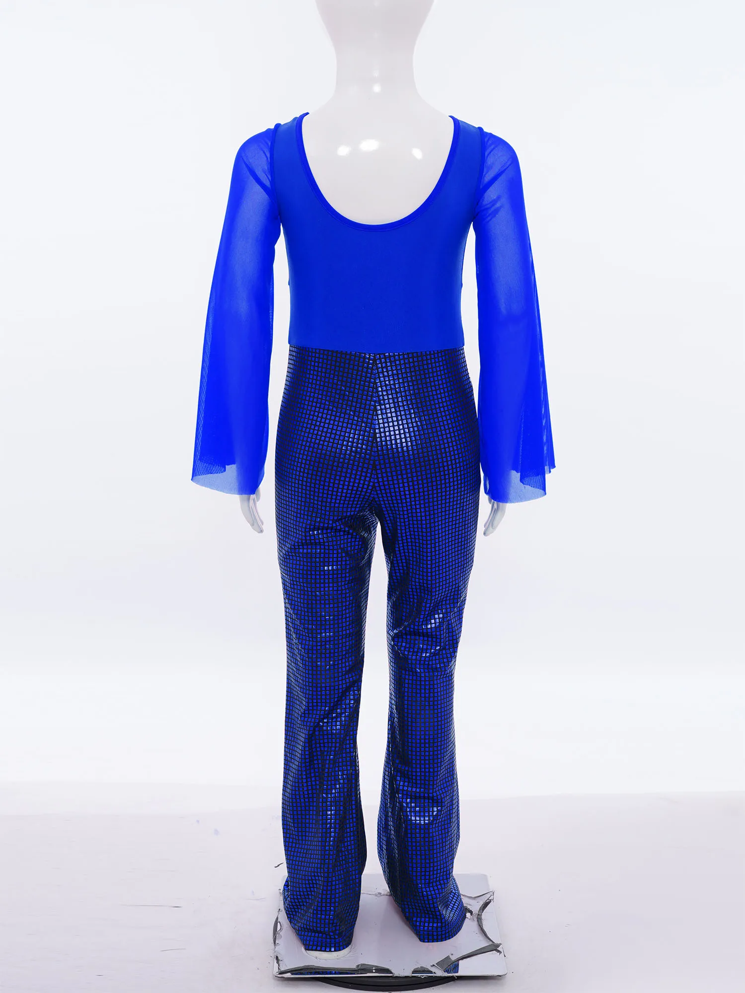 الفتيات قاعة رقص الجاز التانغو أداء زي الاطفال ديسكو الحديثة Dancewear طويلة الأكمام بقماش شفاف المرقعة بذلة لامعة #3