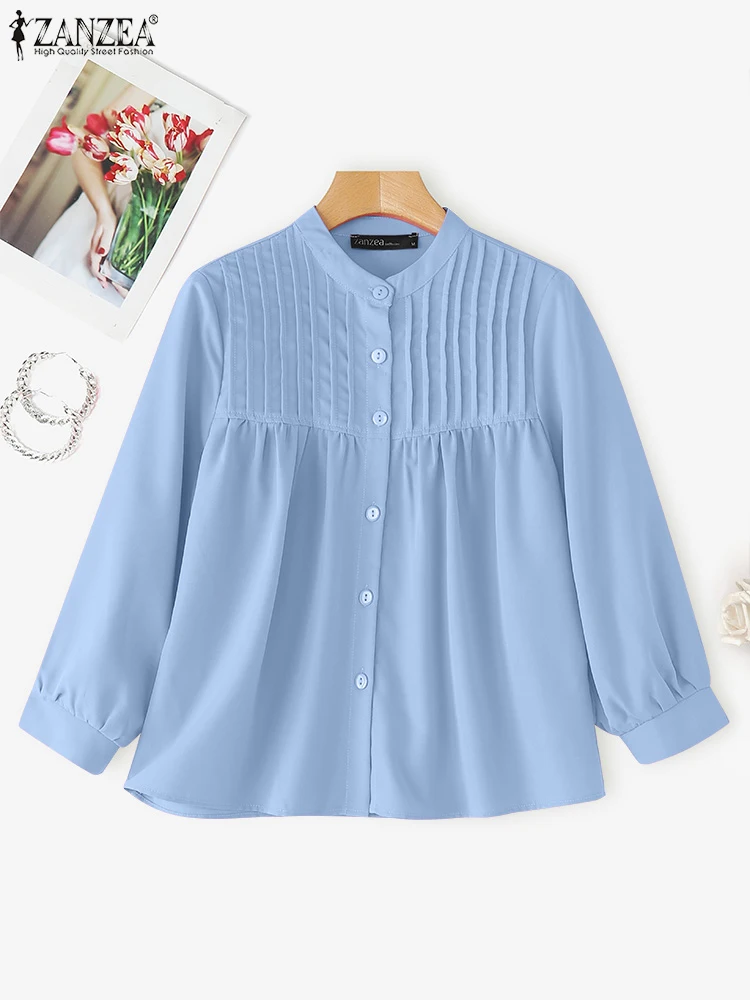 ZANZEA Vintage Blusas Frauen Shirts Solide Plissee Tops Herbst Langarm O Neck Tuniken 2025, Tasten Beiläufige Lose Strickjacken