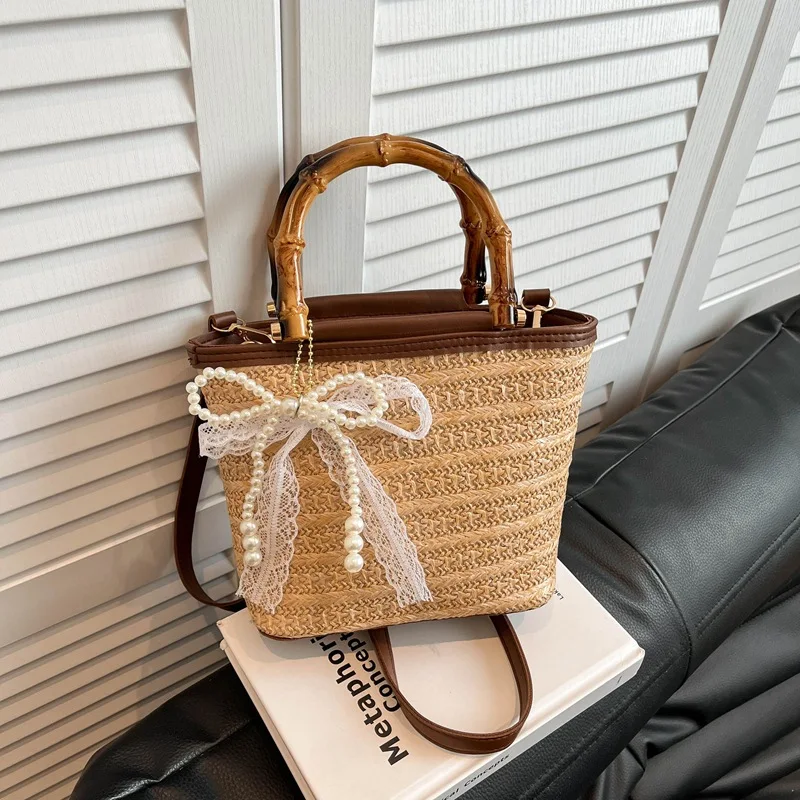 Summer Simple Woven Shoulder Bucket Bags for Women Casual Versatile Ladies Crossbody Bag Vacation Portable Girls Bamboo Handbag