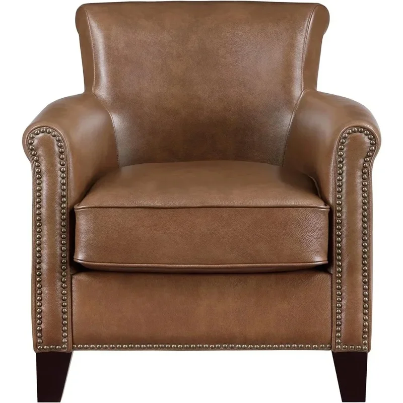 

Cognac Genuine Leather Accent Chair for Living Room, Solid Wood Frame, Rolled Armrests, Nailhead Trim, Comfortable Reading