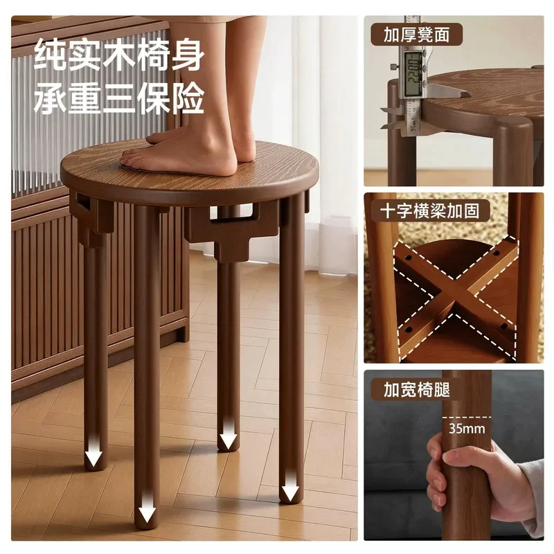 6 in 1 Stackable Solid Wood Round Stool Space Saving Nesting Dining Bench for Home Hospitality Storage High Seat Furniture