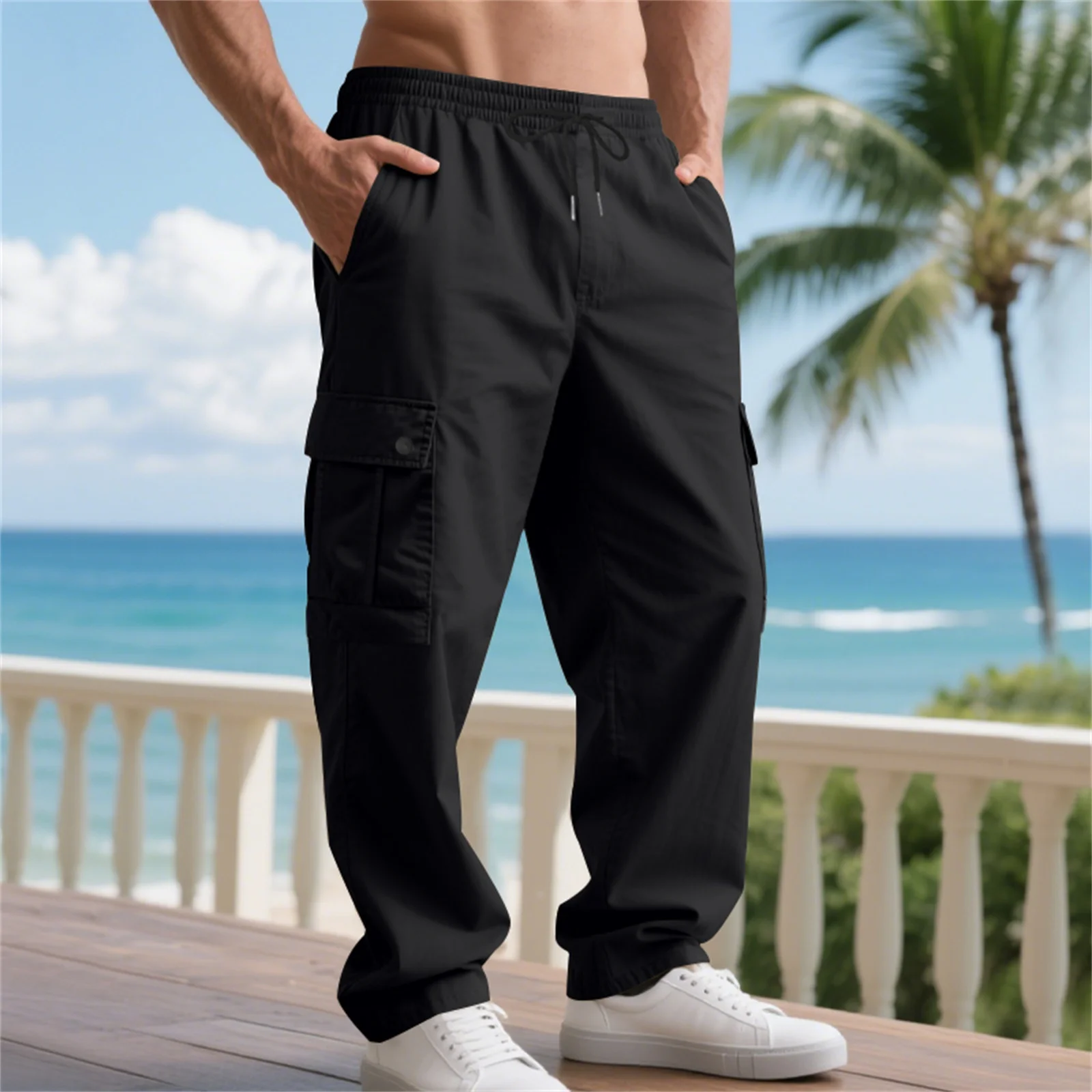 

2026 весенние новые мужские брюки-карго с карманами, модные мужские повседневные свободные брюки с прямыми штанинами на шнурке