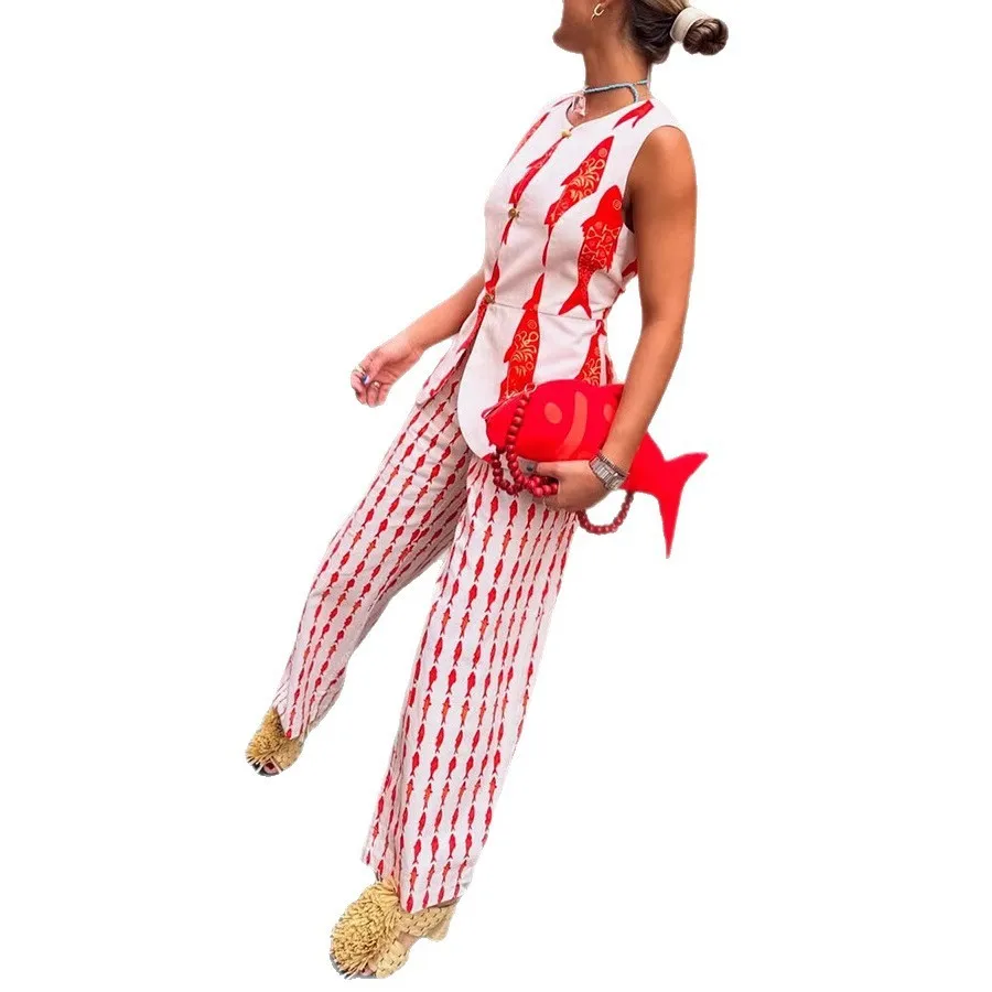 2025 Nuovo set canotta stampata Set elastico in vita allentato Set da due pezzi Completo da donna Pantaloni lunghi Chiusura con bottoni