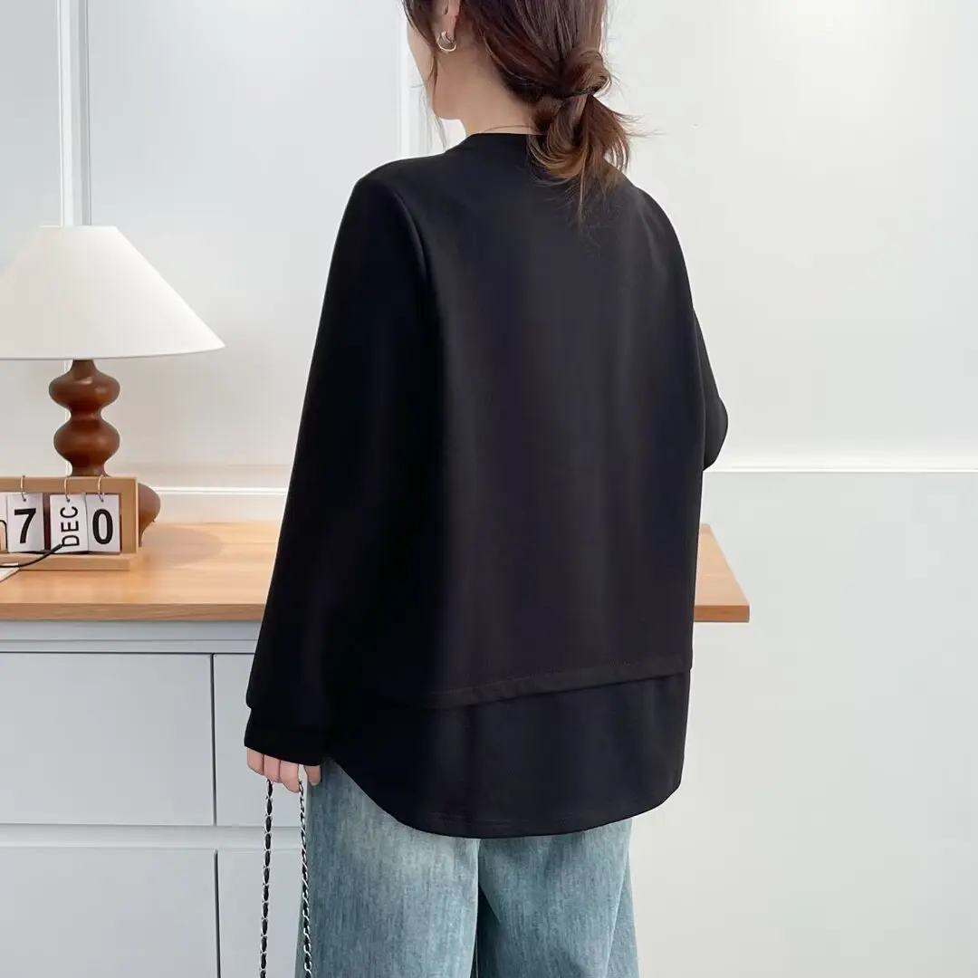 XXXXL موضة حجم كبير بلوزات المرأة الخريف جديد بسيط عادية المسمى وهمية 2 قطعة بأكمام طويلة 633 #2