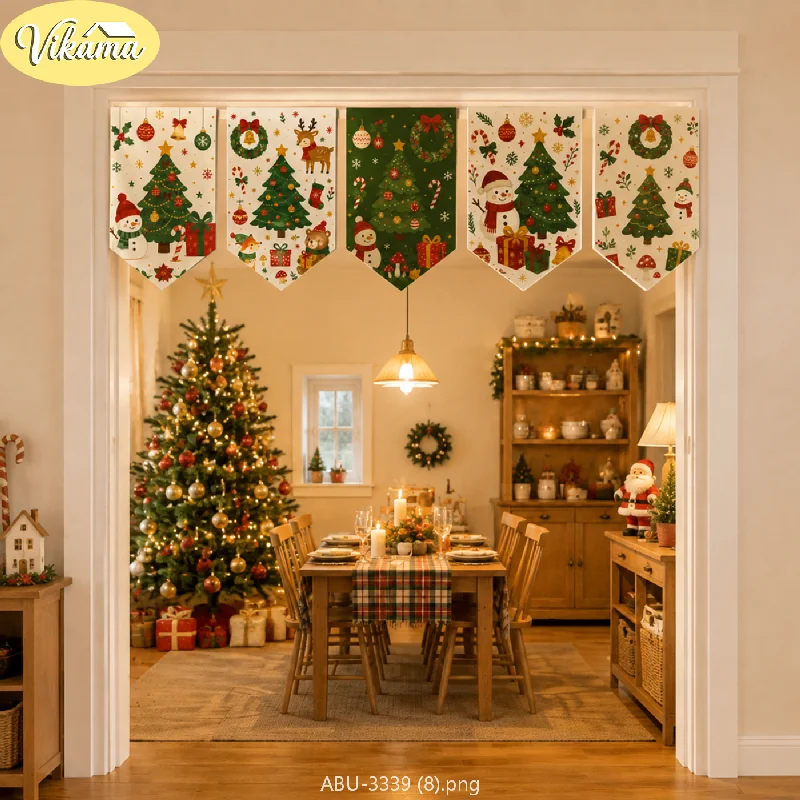 VIKAMA Christmas Vintage Folk Pennant Flag Set Pine Bauble Candy Cane Snowman Present Scarlet Ethnic Doorway Hanging Kitchen