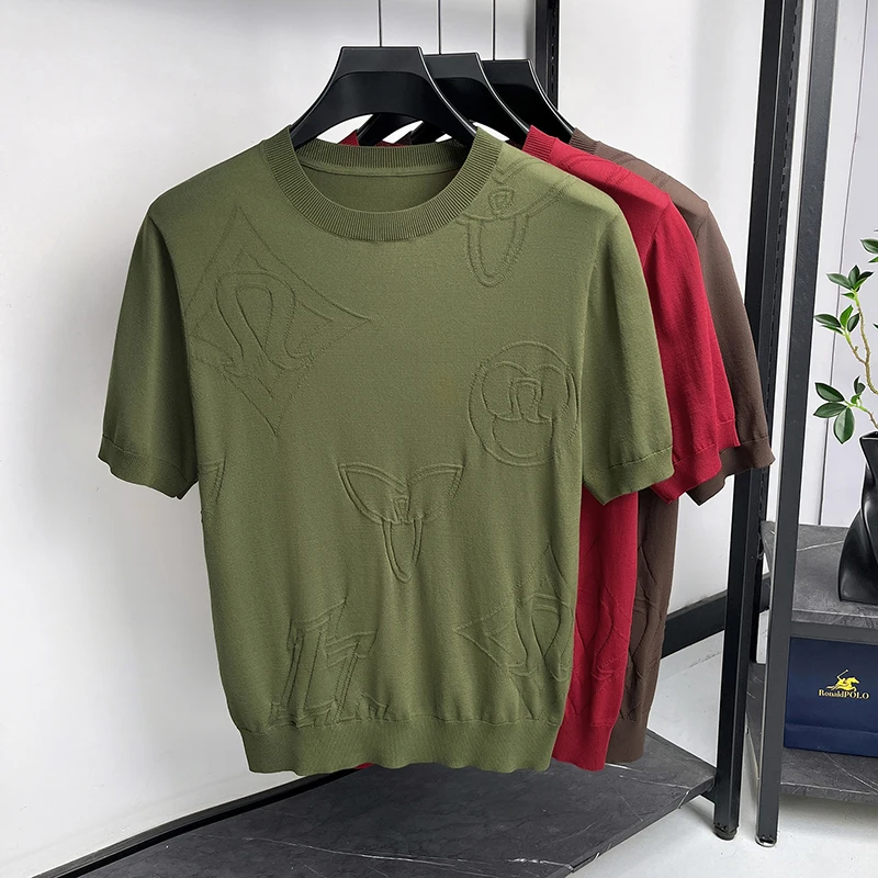 Jacquard Luxury Knitwear T Shirt For Men Short Sleeve Stretchy Summer Quality Viscose Blend Soft Comfortable Camisetas De Hombre