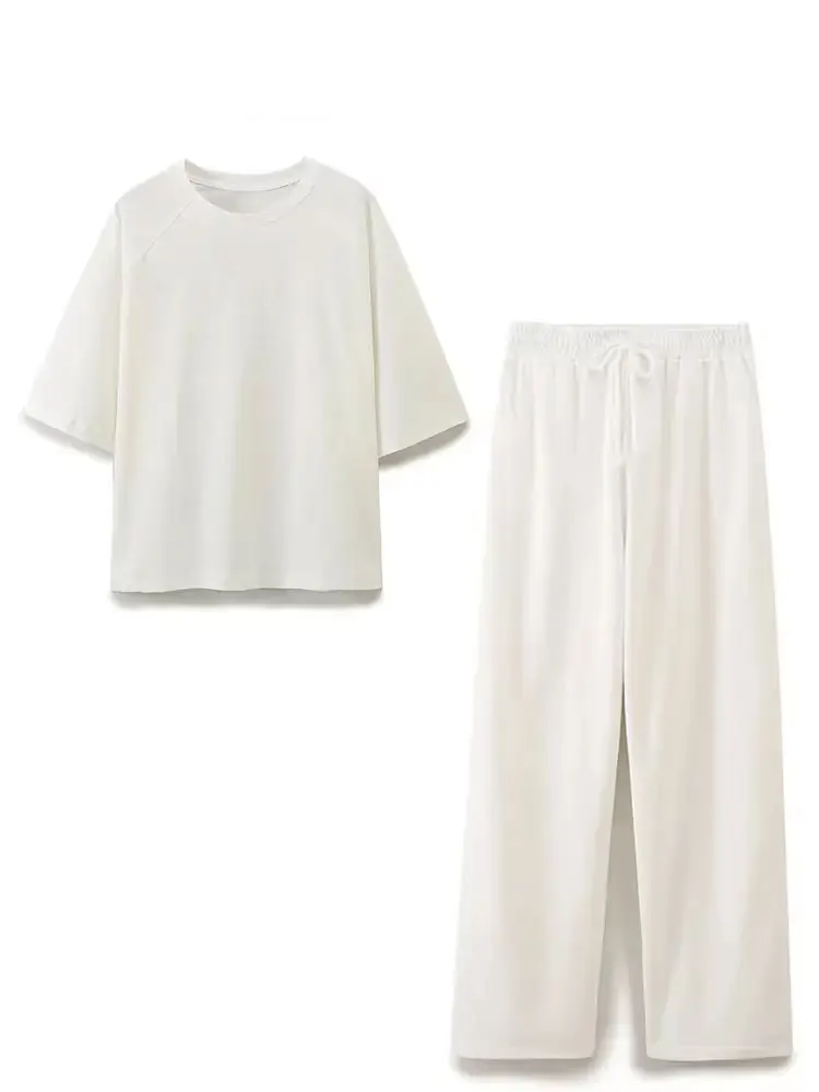 HH 2024 Summer Female Solid Cozy Pants Suit Short Sleeves O Neck T-Shirt+Drawstring Jogging Straight Pants Causal Street Set