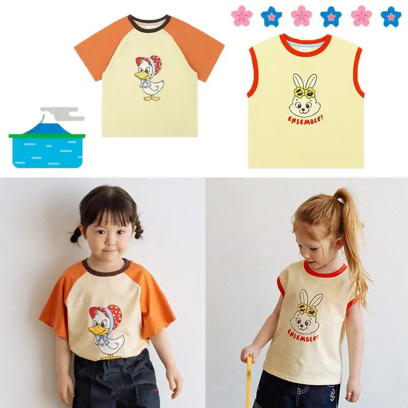 

Jenny&Dave 2024 Summer New Children's Casual Top with Cartoon Duck Print Raglan Color Block Short Sleeve Children's