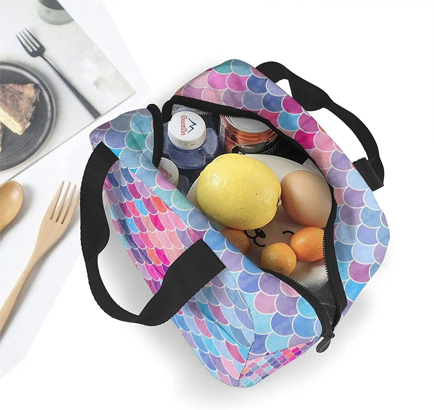 Lunchtasche mit Meerjungfrauenschwanz für Damen, isolierte Kühltasche, wiederverwendbare Lunchbox mit Vordertasche, große Behälter, Arbeit, Picknick, Angeln