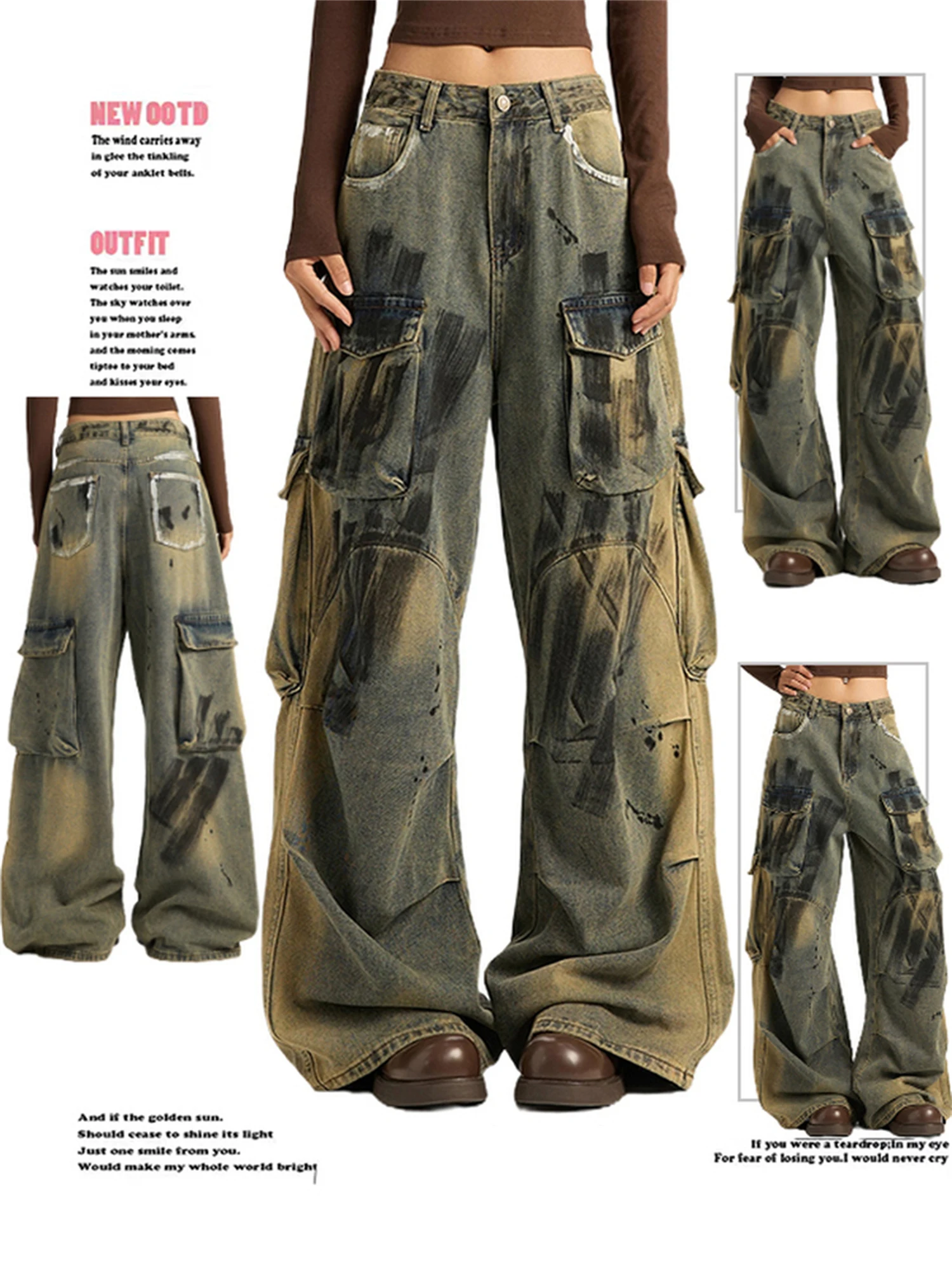 

Women's High Waist Wide Leg Cargo Jeans Vintage Washed Paint Splatter Multi - Pocket Retro Y2K Streetwear Denim Trousers