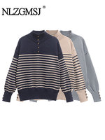 TRAF 2024 Autumn Winter Women  Striped Turtleneck Sweater Female Loose Knit Pullover Thick Warm Women Jumper New