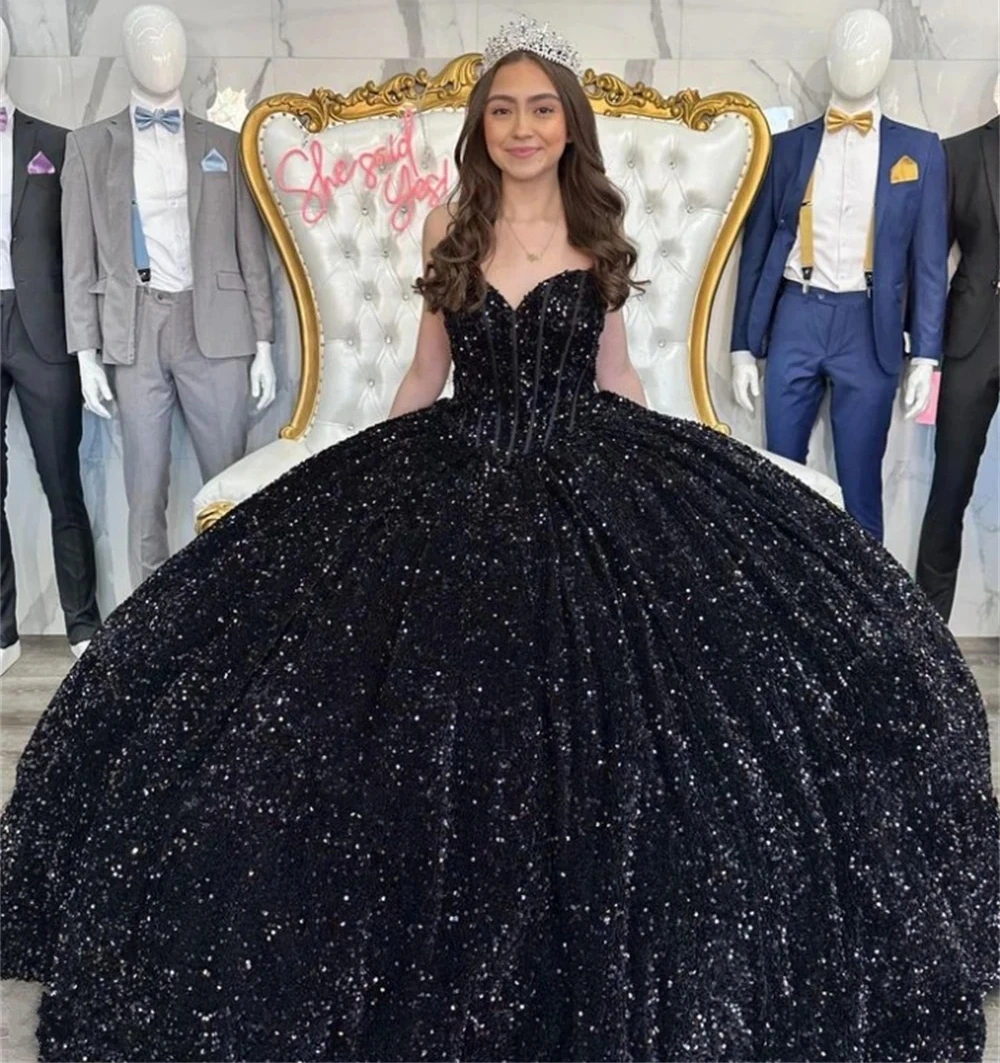 

Black Charro Quinceanera Dresses Ball Gown Sweetheart Sparkly Sequins Mexican Sweet 16 Dresses 15 Anos