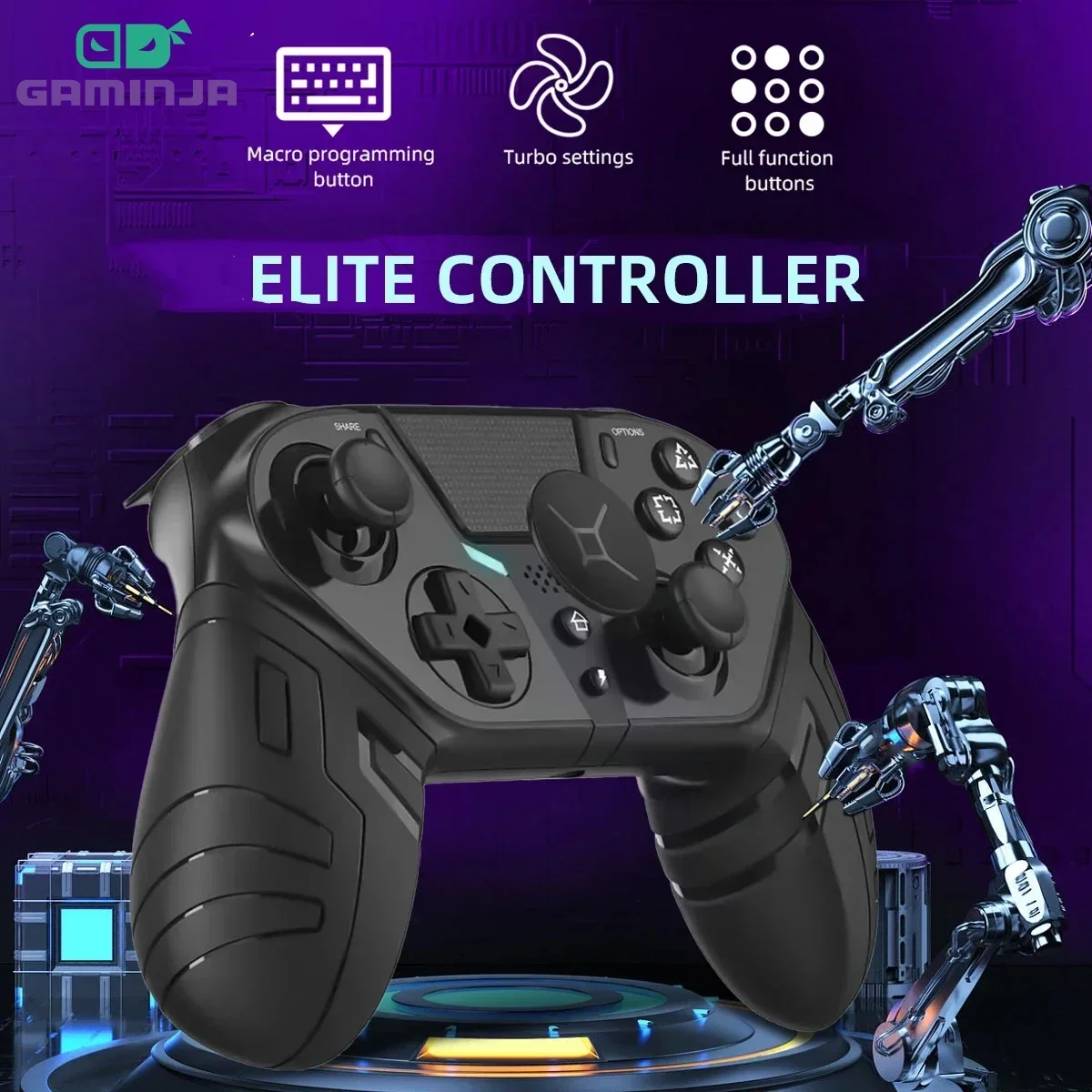 وحدة تحكم GAMINJA اللاسلكية المزدوجة الاهتزاز بلوتوث غمبد مع وظيفة توربو قابلة للبرمجة لعصا التحكم الكمبيوتر PS4