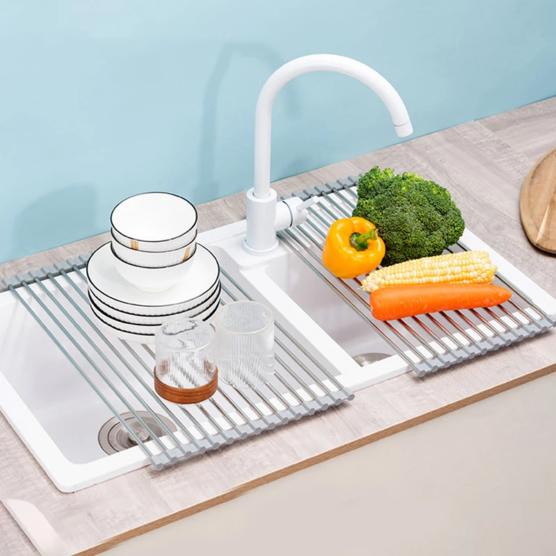 Sink Drain Rack stainless Silicone Steel Vegetable And Fruit Dishes Drain Rack kitchen Sink Silicone Wiping Arrangement Shelf