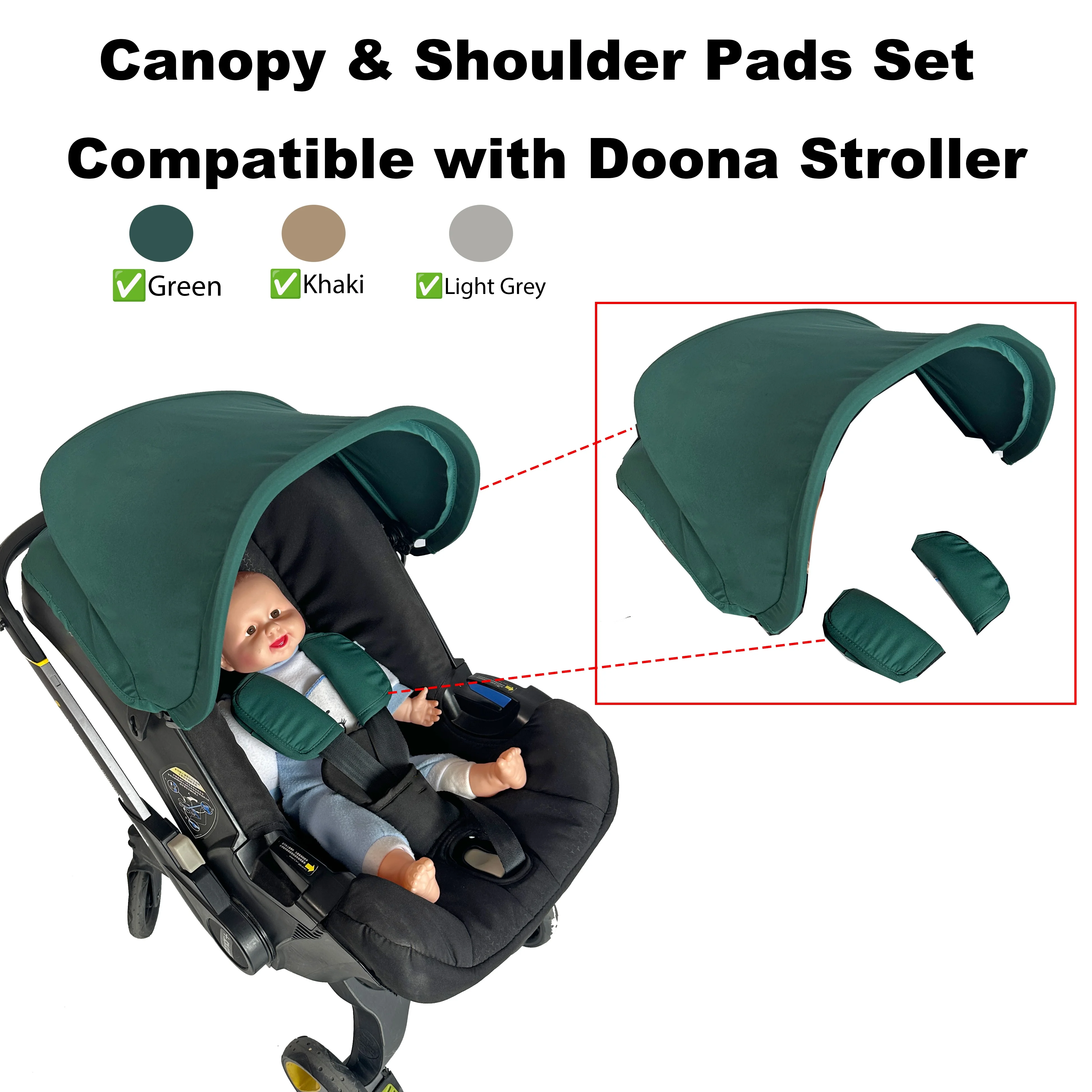 Capota y almohadillas para los hombros para cochecito de bebé Doona – compatibles con Doona+ / i Car Seat, parasol, gris/caqui/verde