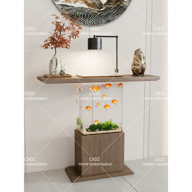Song Dynasty Aesthetic Entrance Cabinet Creative Transparent Solid Wood Entryway Table High End Platform Fish Tank