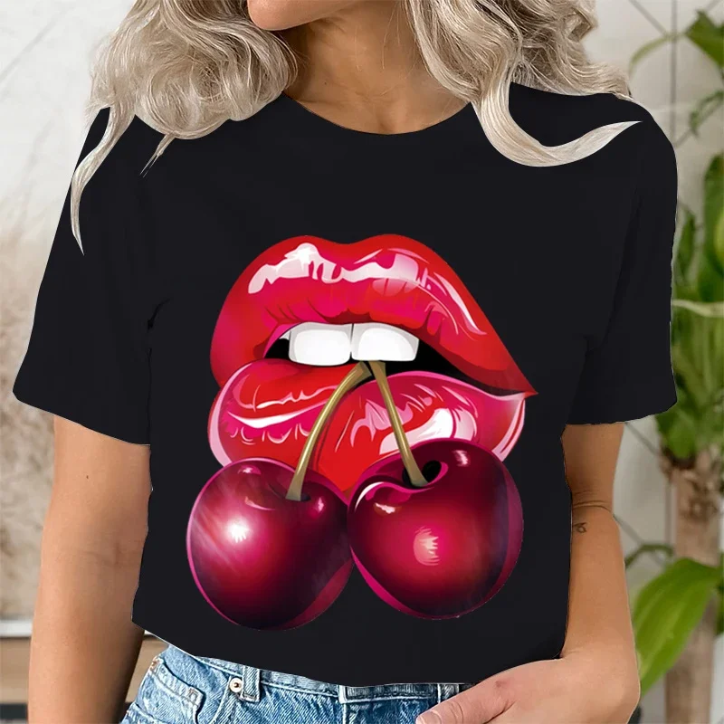 Summer Clothing LIPS CHERRY Print T-Shirts Short Sleeve Ladies Casual Women Fashion Graphic Tee T-shirts Female T Shirt Clothes